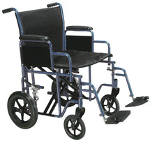 Lightweight transport wheelchair with black seat, footrests, and large rear wheels