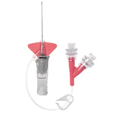 IV catheter with safety needle and dual port connector, medical supply on white background