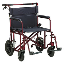 Lightweight transport wheelchair with black seat, armrests, and footrests, red frame.