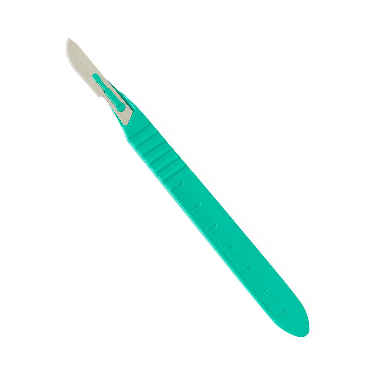 Sterile disposable surgical scalpel with green plastic handle and stainless steel blade