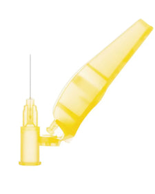 Yellow safety hypodermic needle with protective shield, used for medical injections.