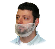 Man wearing disposable beard cover for hygiene and medical supply use