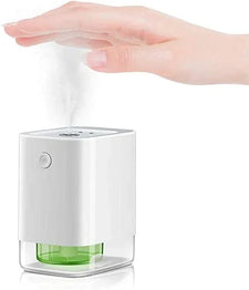 Automatic hand sanitizer dispenser with mist spray and hand above, touchless hygiene device