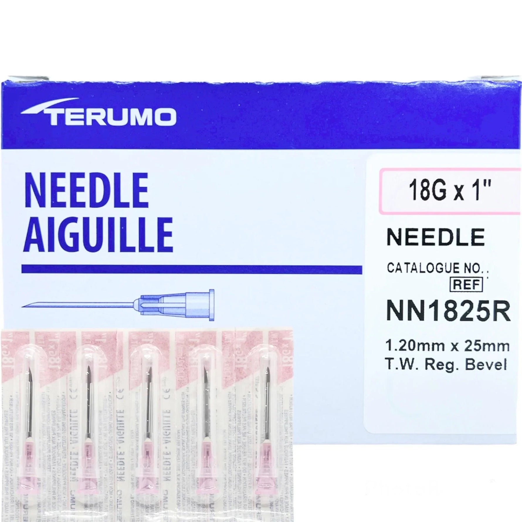 Terumo 18G x 1 inch sterile hypodermic needles 1.20mm x 25mm, individually packed, box front view
