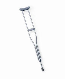 Adjustable aluminum crutch with padded armrest and rubber tip, mobility aid on white background
