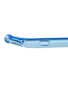 Clear curved medical suction catheter with rounded tip on white background