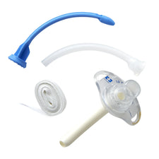 Tracheostomy tube set with inner cannula, obturator, neck strap, and securing tie on white background
