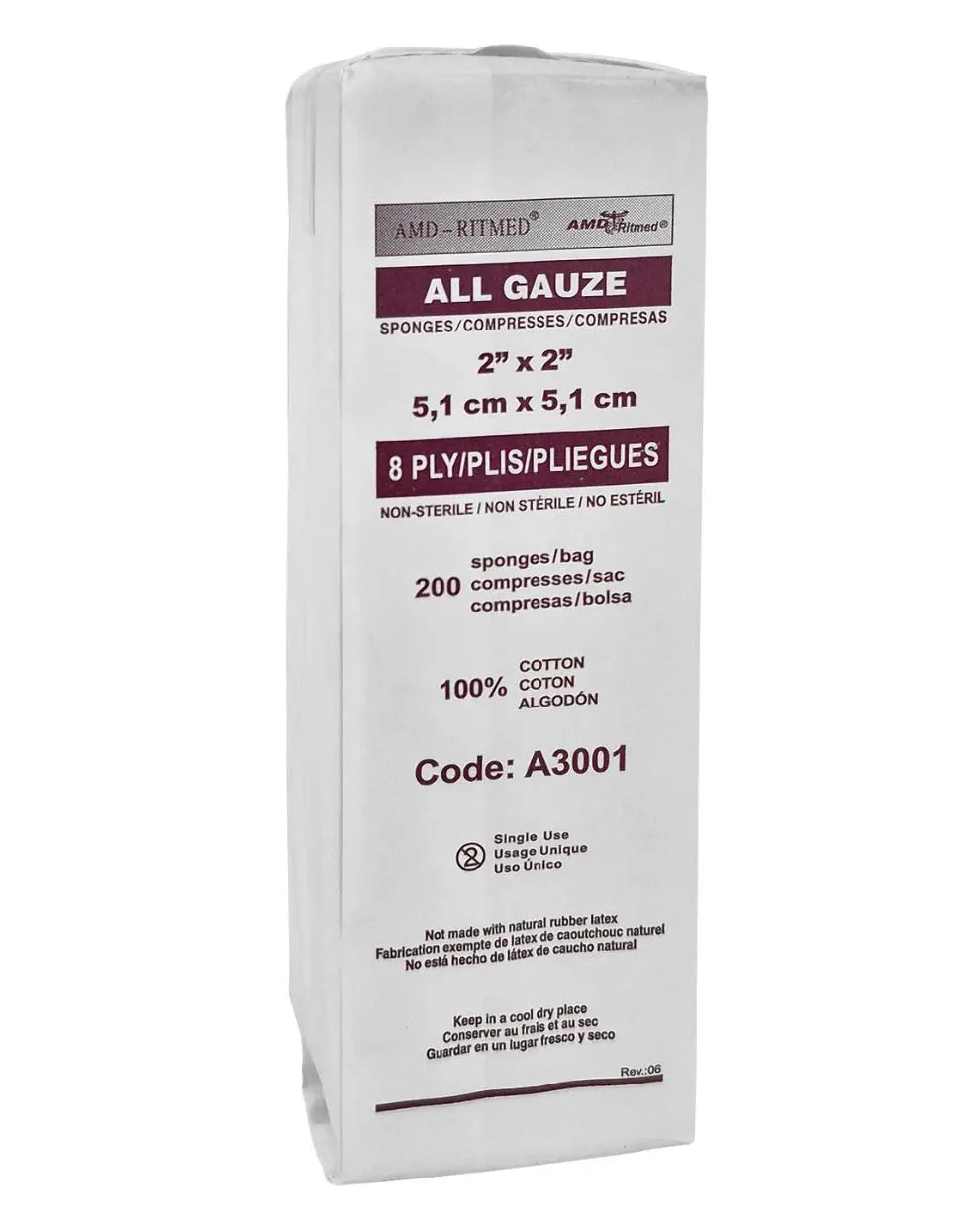 2 x 2" Ritmed 100% Cotton Gauze Sponges Non-Sterile 8 Ply | A3001