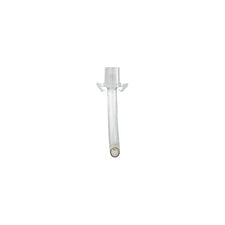 Clear medical tracheostomy tube on white background, respiratory care supply