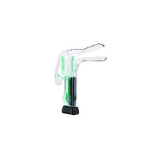 Clear disposable medical vaginal speculum with green accents on white background
