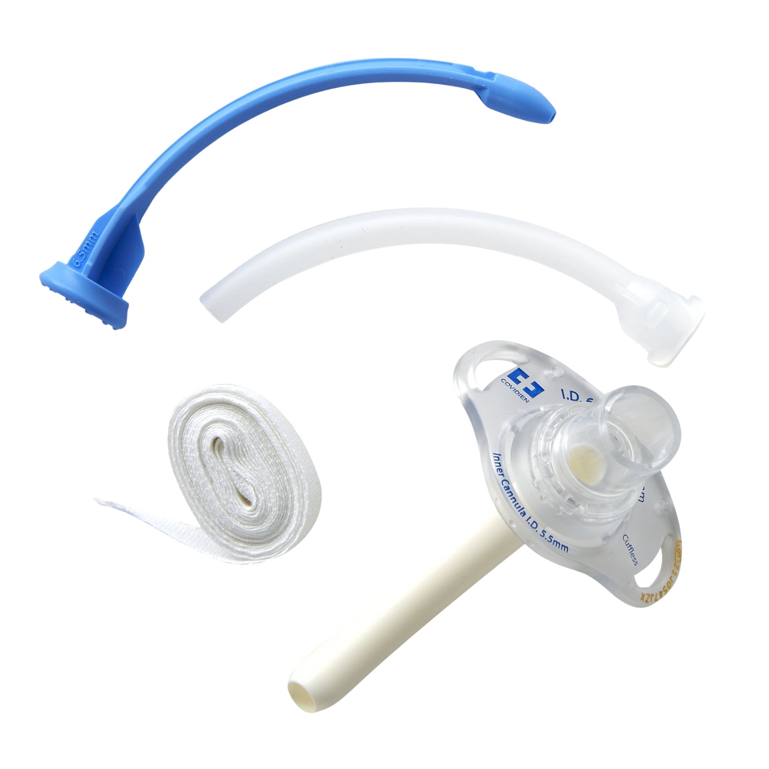 Tracheostomy tube kit with tube, obturator, inner cannula, and securing strap on white background