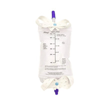 Medical leg drainage bag with volume markings and adjustable straps, isolated on white