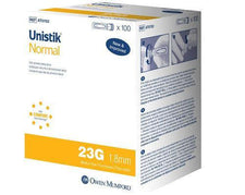 Box of Unistik Normal 23G 1.8mm single use safety lancets for blood sampling, 100 count.
