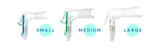 Clear plastic vaginal speculums in small, medium, and large sizes on white background