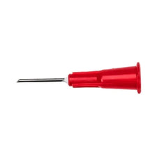 Red medical needle hub with stainless steel needle for home care or IV solutions