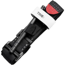 Black tactical medical tourniquet with white time label, emergency first aid supply