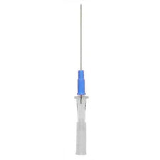 Sterile medical IV catheter needle with blue hub and transparent protective cap