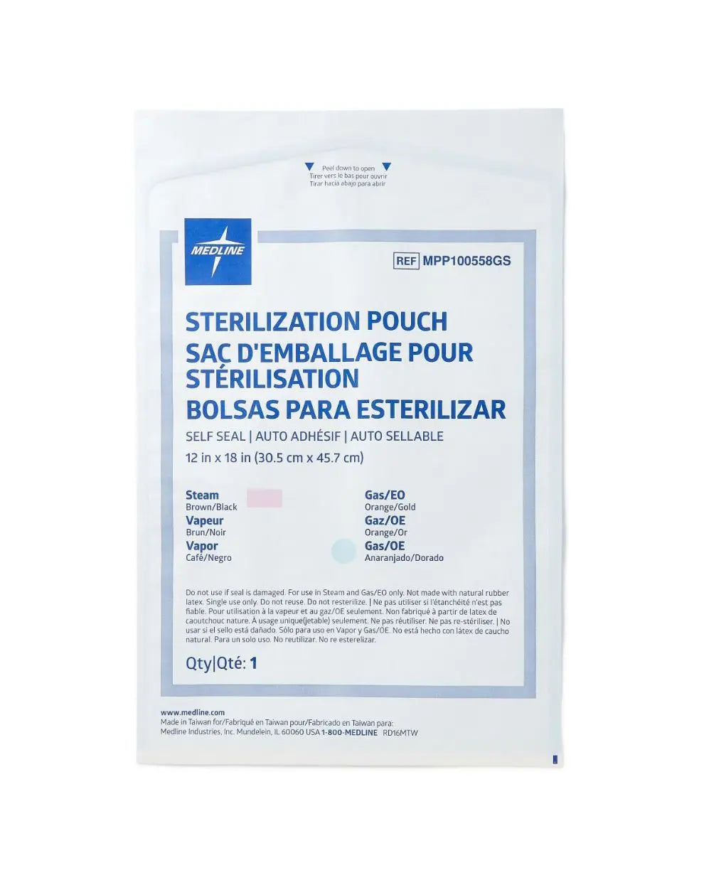 Medline Self-Sealing Steam Sterilization Pouch, 12" x 18" (30.48 cm x 45.72 cm) | MPP100558GS
