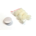 Bag of medical cotton balls with a round plastic container on white background