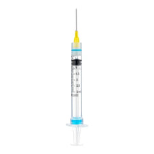 3ml medical syringe with needle, clear barrel, measurement markings, isolated on white background