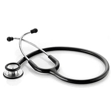 Black and silver stethoscope on white background, medical diagnostic tool for healthcare