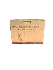 Box of BD PrecisionGlide medical needles 27G 3/8 inch, sterile single use, 100 count