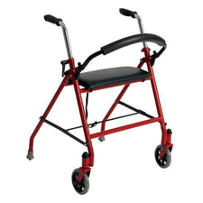 Red folding walker with padded seat and wheels for mobility support