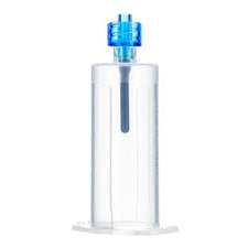 Transparent plastic suction cup with blue valve, medical or home care supply on white background