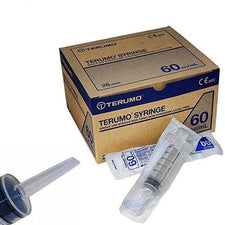 Box of Terumo 60mL syringes with one individually wrapped sterile syringe