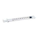Sterile medical syringe with clear barrel and black measurement markings on white background