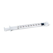 Sterile medical syringe with clear barrel and black measurement markings on white background