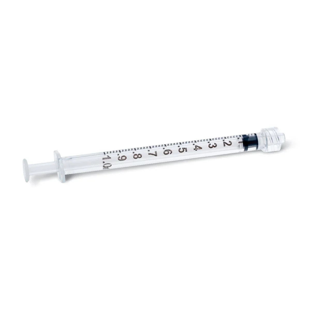 Sterile disposable medical syringe with clear barrel and black measurement markings