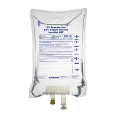 500 mL IV fluid bag of 5% dextrose and 0.9% sodium chloride medical injection solution