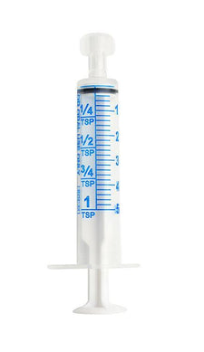Plastic oral medication syringe with blue measurement markings, isolated on white background