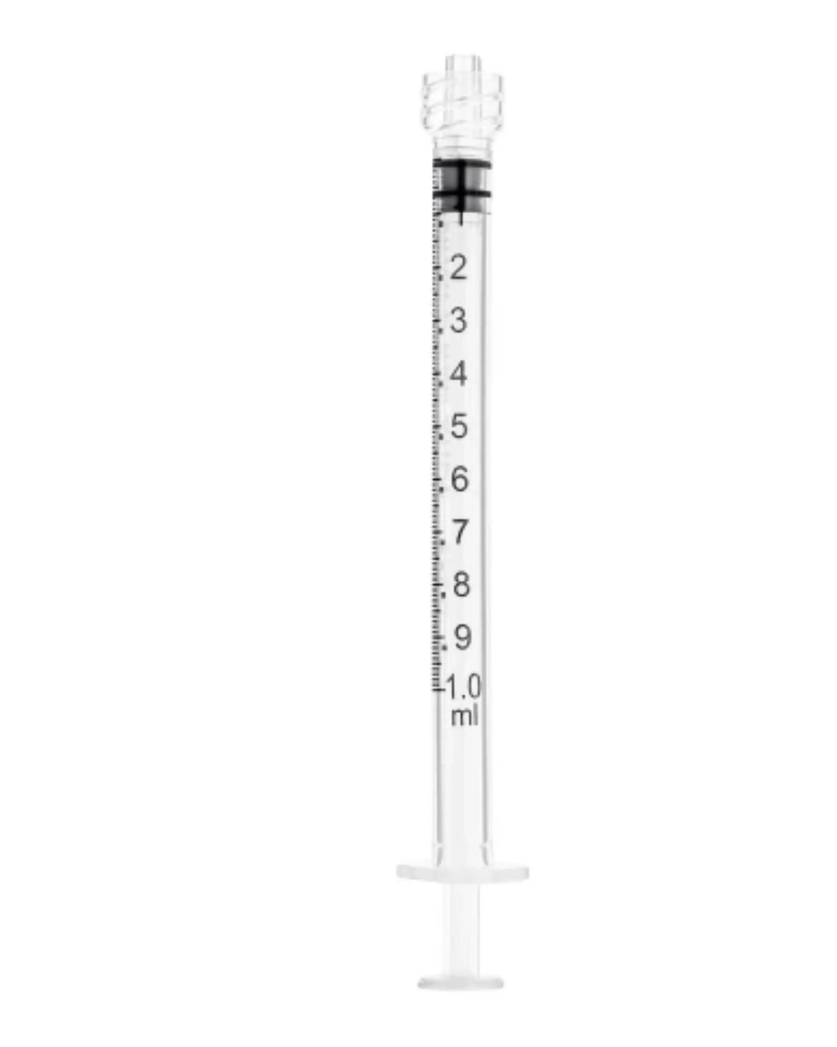 1 ml clear plastic medical syringe with measurement markings, isolated on white background