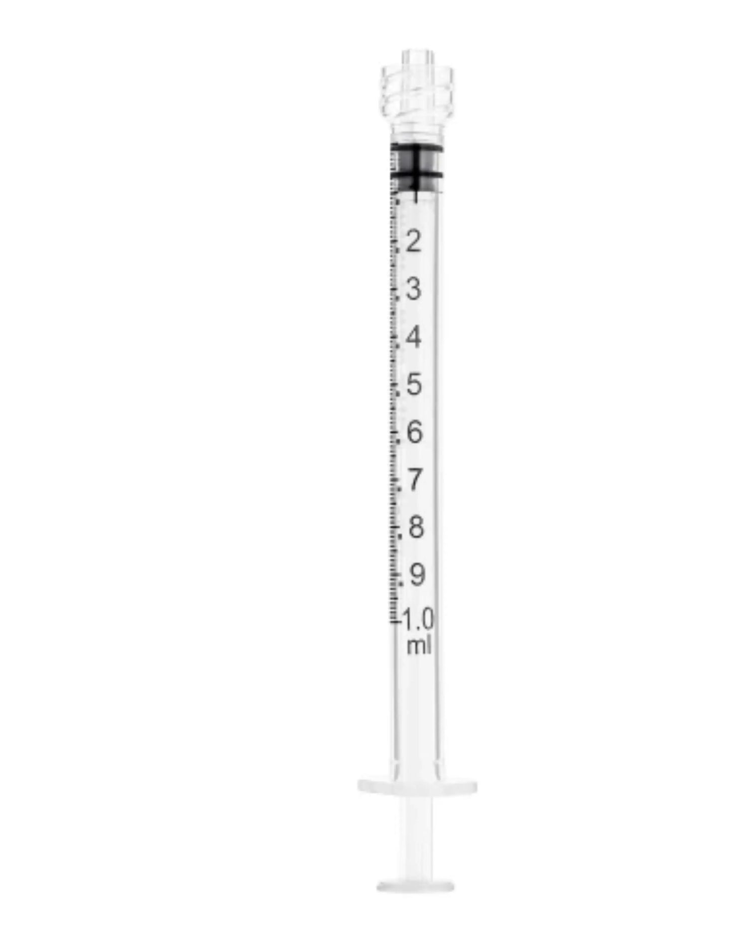 1 ml clear plastic medical syringe with measurement markings, isolated on white background