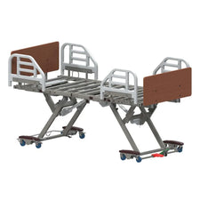 Adjustable hospital bed with metal frame, side rails, casters, and wood headboards