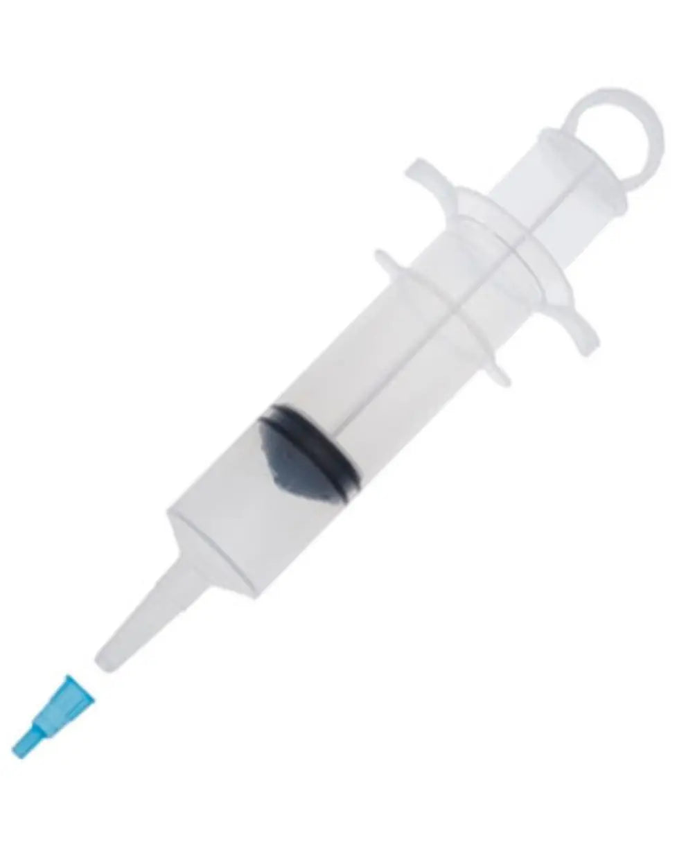 Large plastic medical syringe with detached blue tip on white background