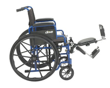 Blue medical wheelchair with elevated leg rests and black cushioned seat, side view