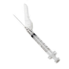 Sterile hypodermic safety syringe with needle and protective cap on white background