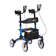 Four-wheel blue upright rollator walker with armrests, seat, and storage pouch
