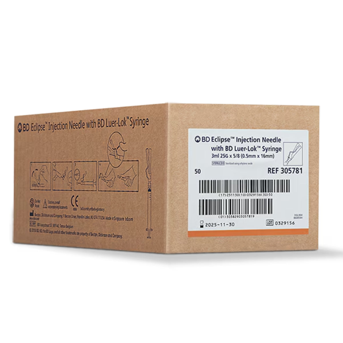 3mL	| 25G× 5/8" | BD Eclipse Luer-Lok Syringe with Needle  | 50/box | 305781
