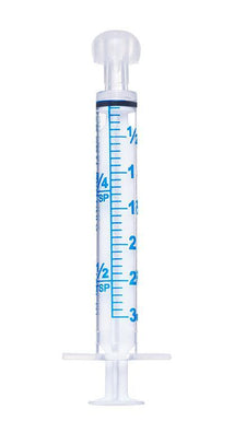 Clear medical syringe with blue measurement markings, isolated on white background