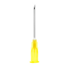 Sterile hypodermic needle with yellow hub for medical and home care use on white background