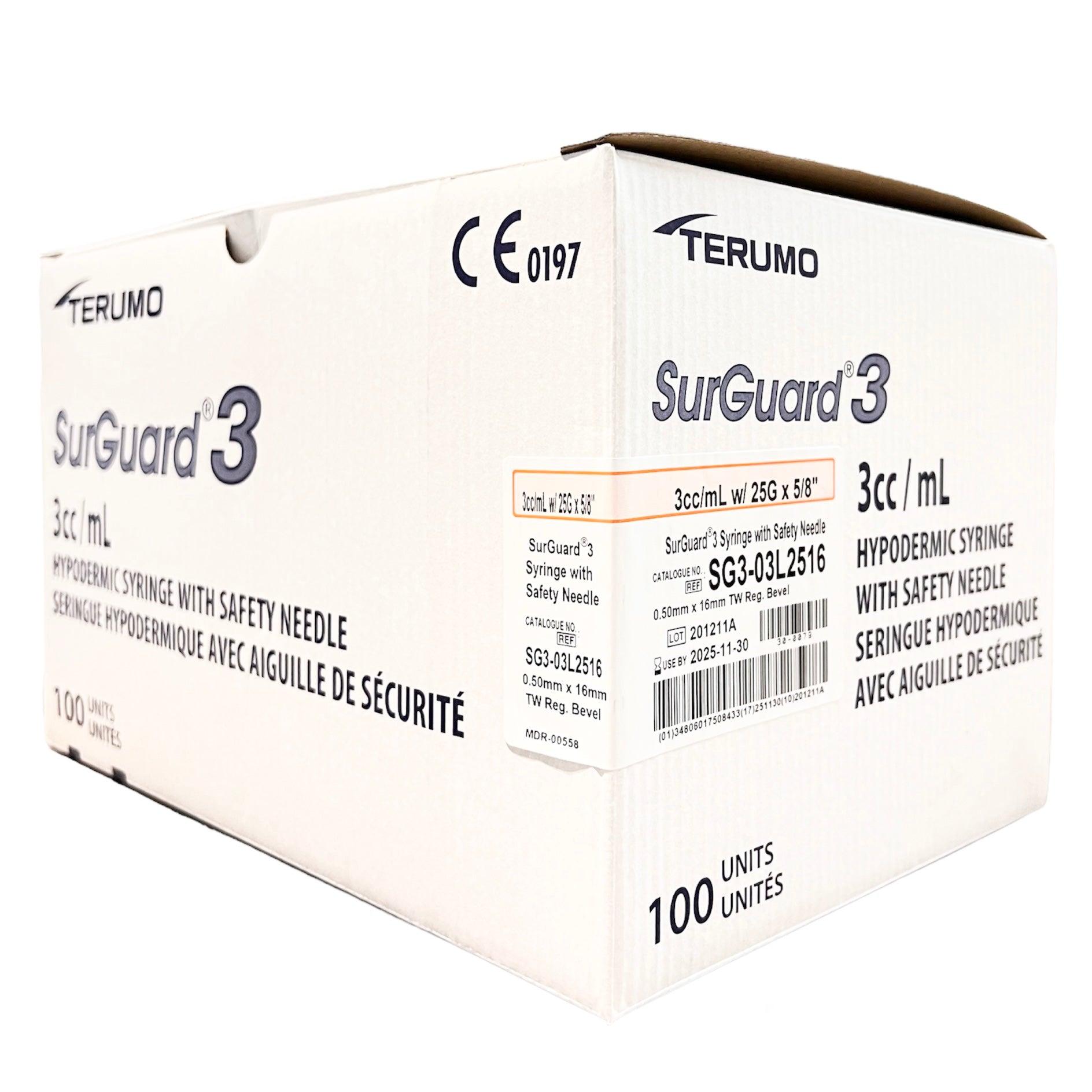 3 mL | 25G x 5/8" - Terumo SG3-03L2516 Hypodermic Syringes with Safety Needle | SurGuard 3 | 100 per Box