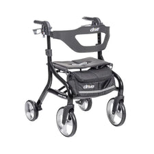 Lightweight black rollator walker with seat, storage pouch, and large wheels for mobility assistance