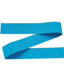 Blue medical tourniquet strap for blood draw, laid flat on white background