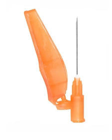 Safety hypodermic needle with orange protective cap for medical injection use