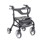 Lightweight black rollator walker with seat, storage pouch, and large wheels for mobility support