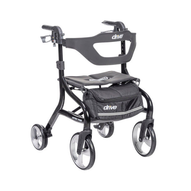 Lightweight black rollator walker with seat, storage pouch, and large wheels for mobility support